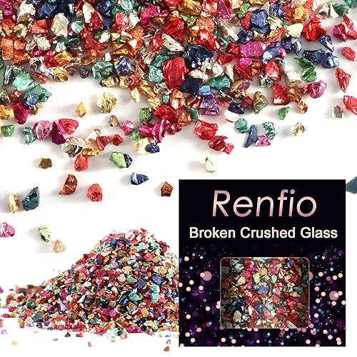 Renfio رينفيو كسر الزجاج المكسور بريق شظايا سحق 2-4 مم غير منتظمة صغيرة معدنية مكتنزة رقائق 3.5 أوقية (100 جرام) عالية اللمعان الحرفية الترتر الحصى لحالة الهاتف DIY الجيود الفن الوقايات زخرفة - ملونة - Image 2